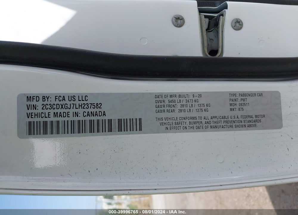 2020 DODGE CHARGER SCAT PACK RWD VIN: 2C3CDXGJ7LH237582