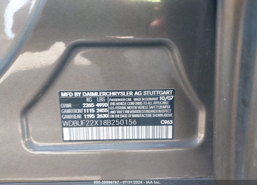 2008 MERCEDES-BENZ E 320 BLUETEC VIN: WDBUF22X18B250156