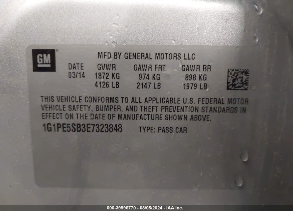 2014 CHEVROLET CRUZE VIN: 1G1PE5SB3E7323848
