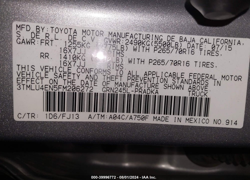 2015 TOYOTA TACOMA BASE V6/TRD PRO VIN: 3TMLU4EN5FM206272