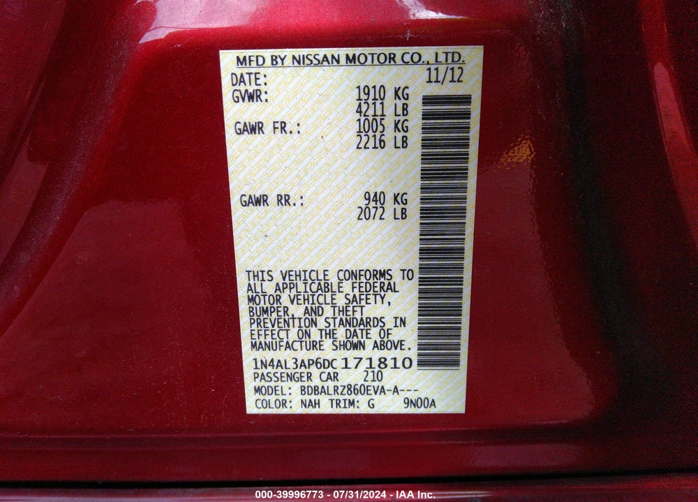 2013 NISSAN ALTIMA 2.5 S VIN: 1N4AL3AP6DC171810