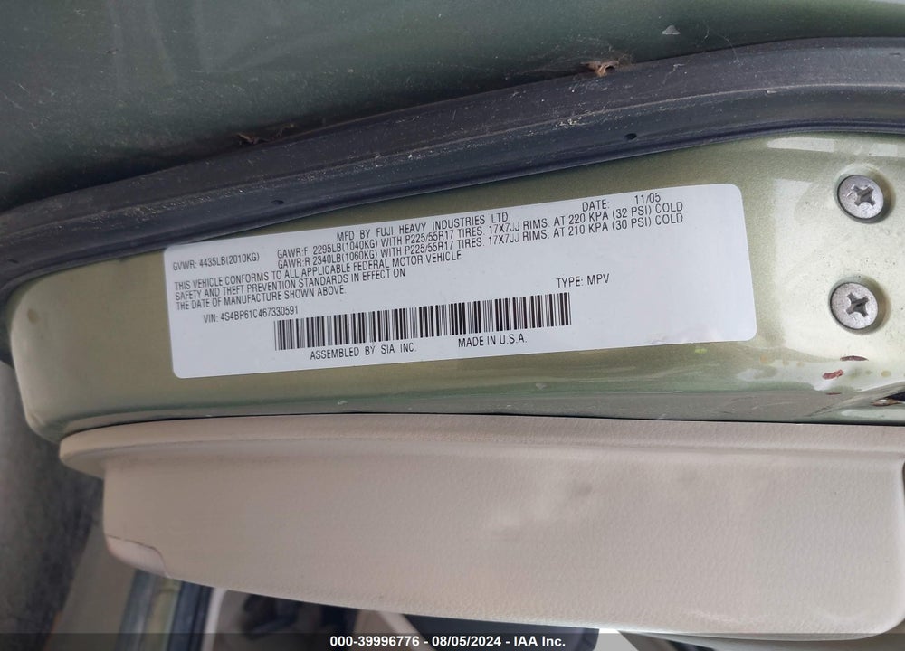 2006 SUBARU OUTBACK 2.5I VIN: 4S4BP61C467330591