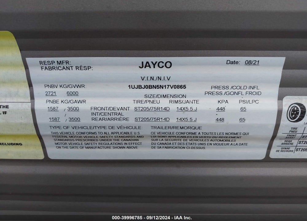 2022 JAYCO --- VIN: 1UJBJ0BN5N17V0865