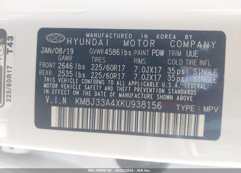 2019 HYUNDAI TUCSON VALUE VIN: KM8J33A4XKU938156