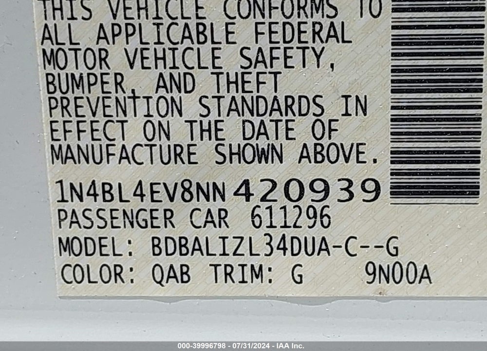 2022 NISSAN ALTIMA SL FWD VIN: 1N4BL4EV8NN420939