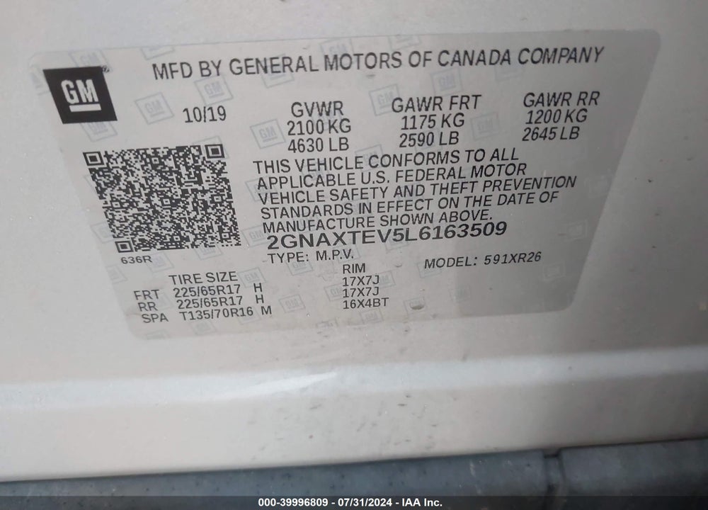 2020 CHEVROLET EQUINOX AWD 2FL VIN: 2GNAXTEV5L6163509