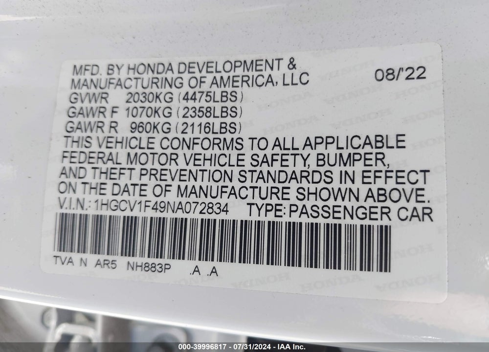 2022 HONDA ACCORD SPORT SPECIAL EDITION VIN: 1HGCV1F49NA072834