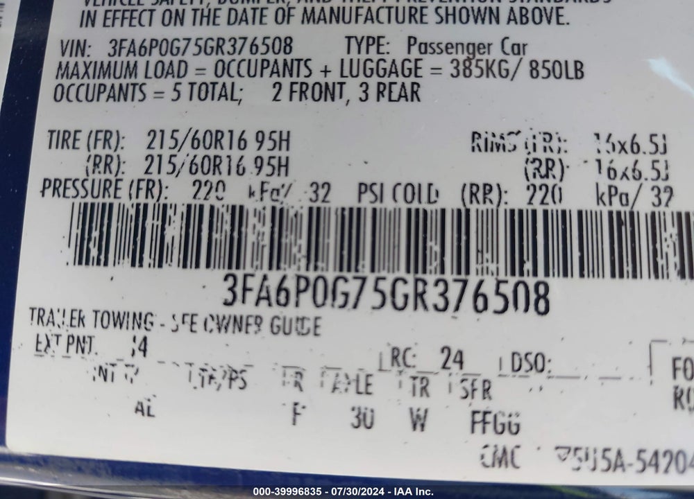 2016 FORD FUSION S VIN: 3FA6P0G75GR376508