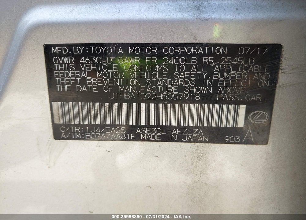 2017 LEXUS IS 200T VIN: JTHBA1D22H5057918