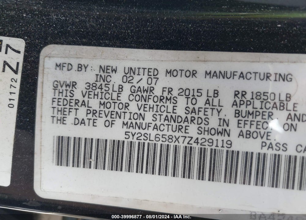 2007 PONTIAC VIBE VIN: 5Y2SL658X7Z429119