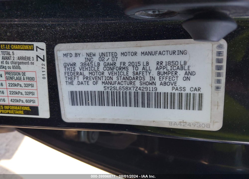 2007 PONTIAC VIBE VIN: 5Y2SL658X7Z429119