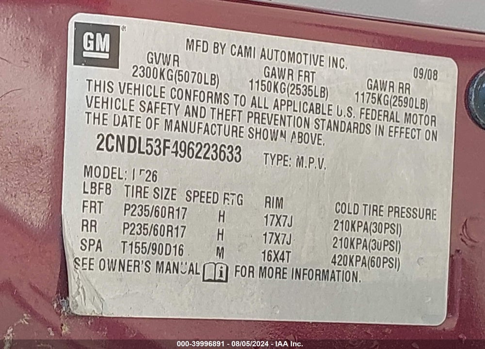 2009 CHEVROLET EQUINOX LT VIN: 2CNDL53F496223633