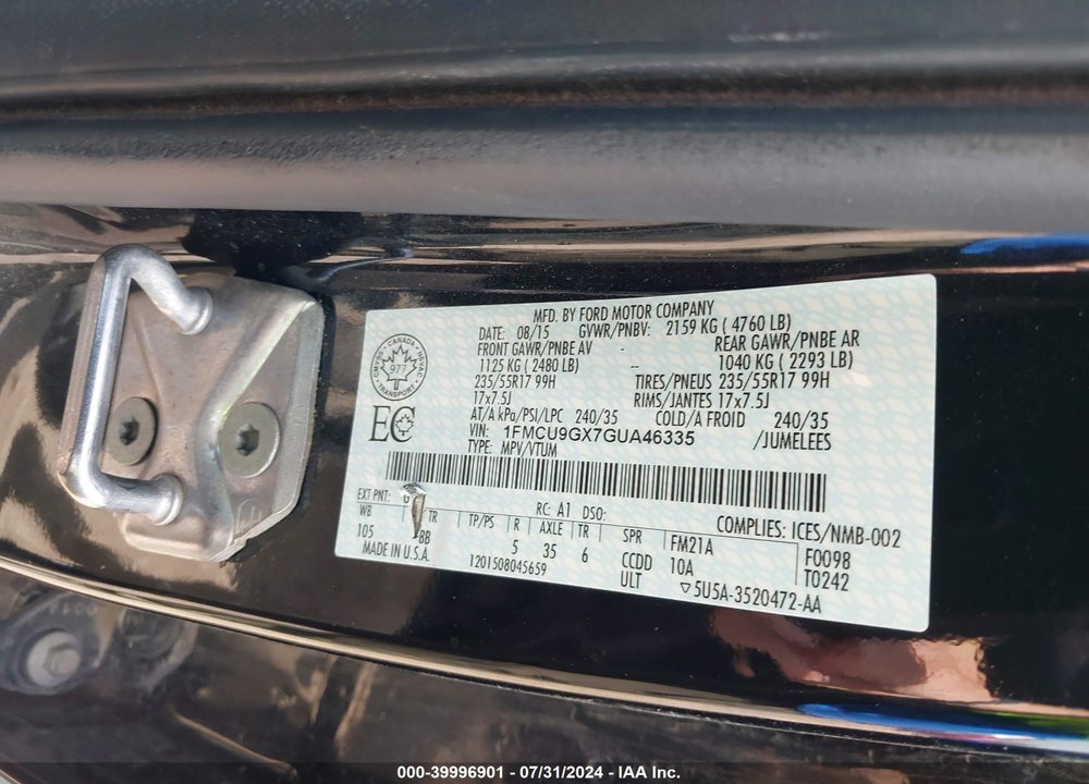 2016 FORD ESCAPE SE VIN: 1FMCU9GX7GUA46335