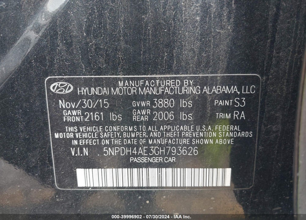 2016 HYUNDAI ELANTRA SE VIN: 5NPDH4AE3GH793626