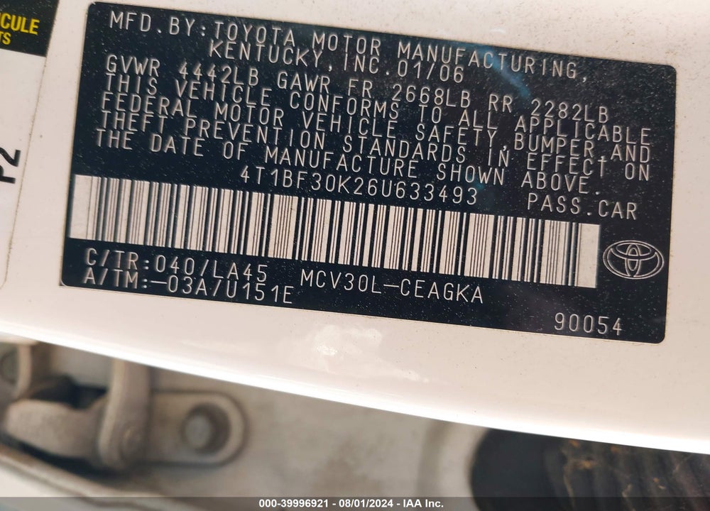 2006 TOYOTA CAMRY XLE V6 VIN: 4T1BF30K26U633493