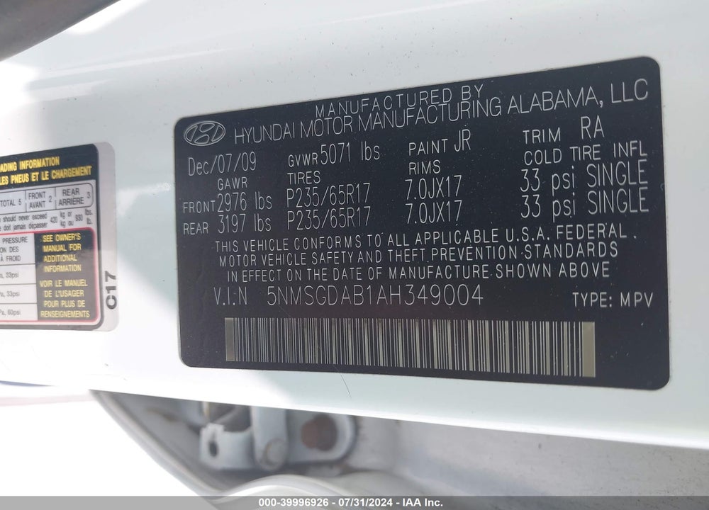 2010 HYUNDAI SANTA FE GLS VIN: 5NMSGDAB1AH349004