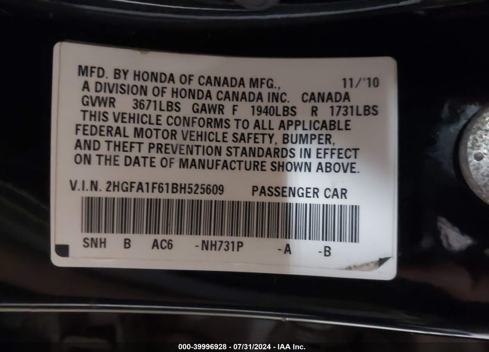 2011 HONDA CIVIC LX-S VIN: 2HGFA1F61BH525609
