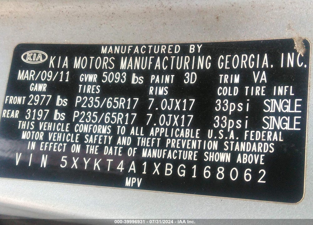 2011 KIA SORENTO LX VIN: 5XYKT4A1XBG168062