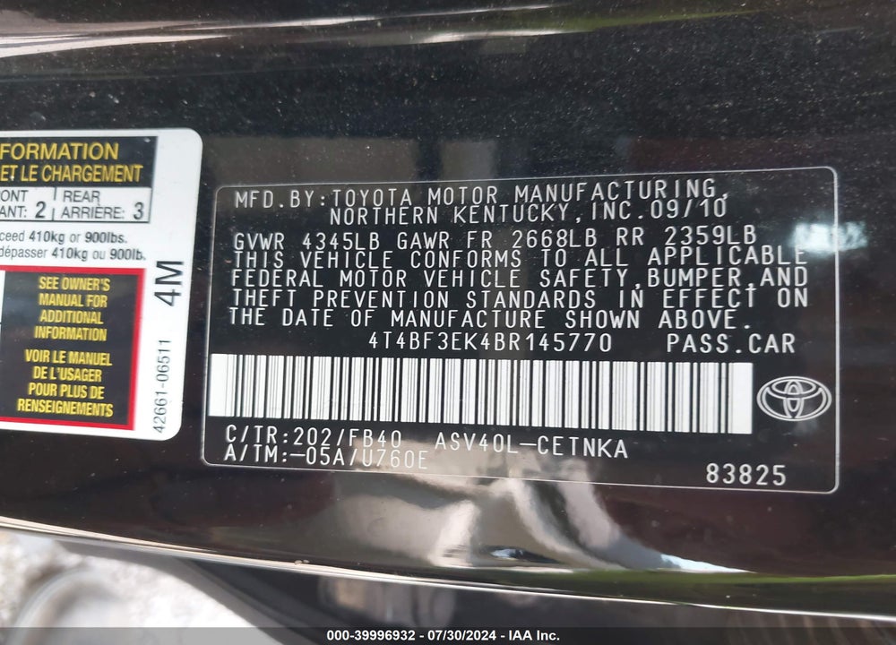 2011 TOYOTA CAMRY LE VIN: 4T4BF3EK4BR145770