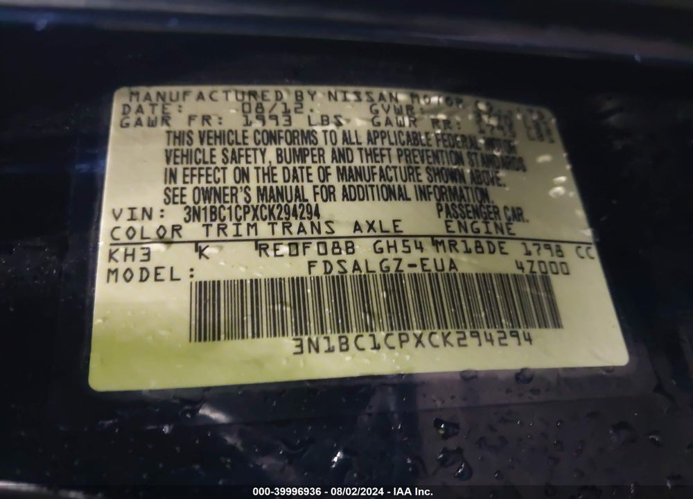 2012 NISSAN VERSA 1.8 SL VIN: 3N1BC1CPXCK294294