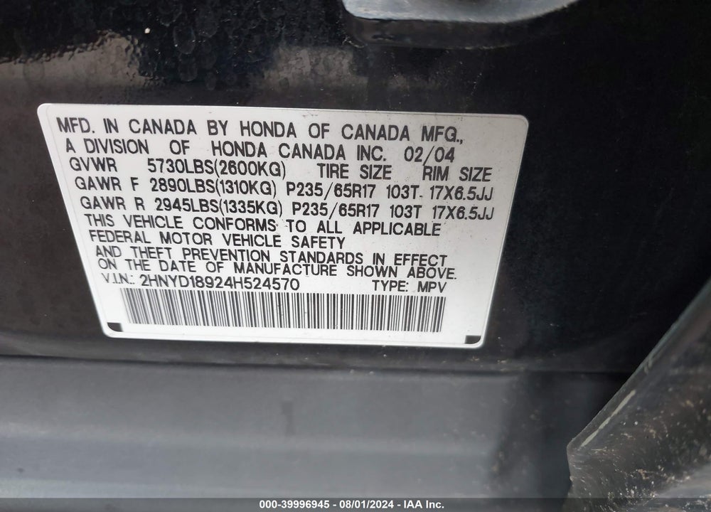 2004 ACURA MDX VIN: 2HNYD18924H524570