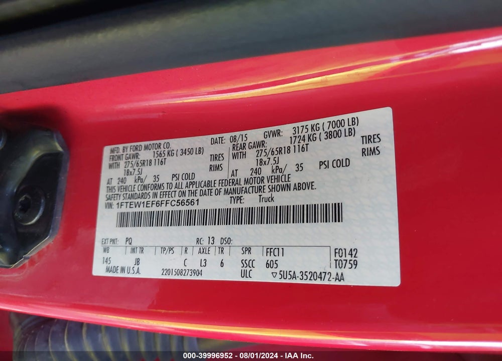 2015 FORD F-150 XLT VIN: 1FTEW1EF6FFC56561