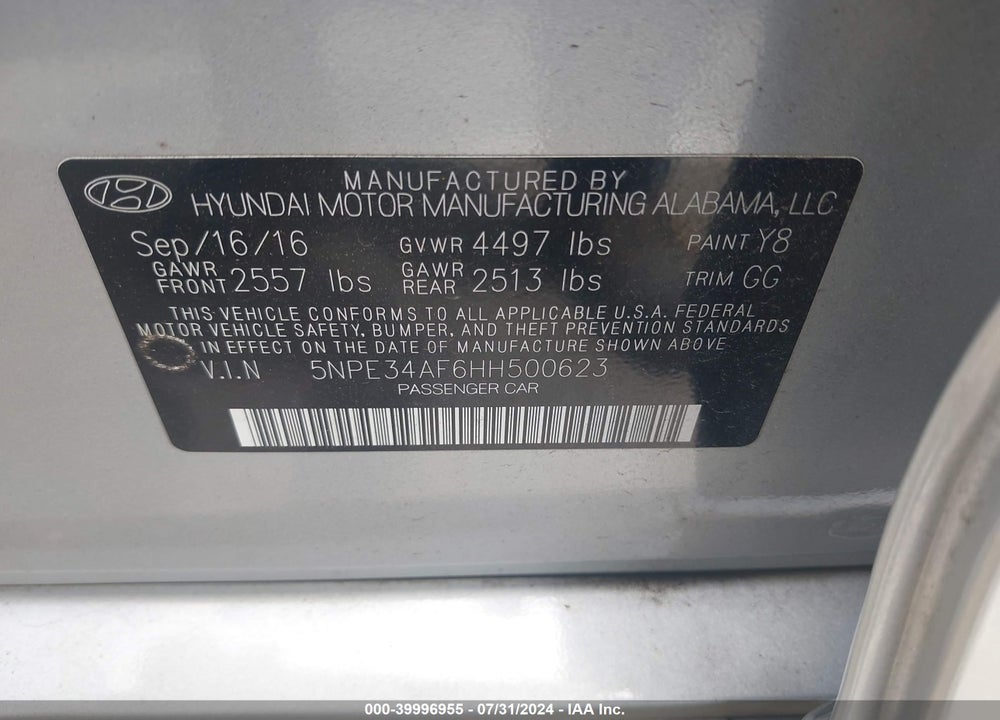 2017 HYUNDAI SONATA SPORT VIN: 5NPE34AF6HH500623