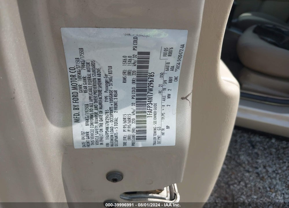 2007 FORD FOCUS VIN: 1FAFP34N17W296785