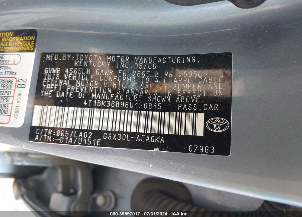 2006 TOYOTA AVALON XLS VIN: 4T1BK36B96U150845