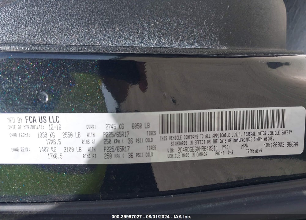 2017 DODGE GRAND CARAVAN GT VIN: 2C4RDGEGXHR640311