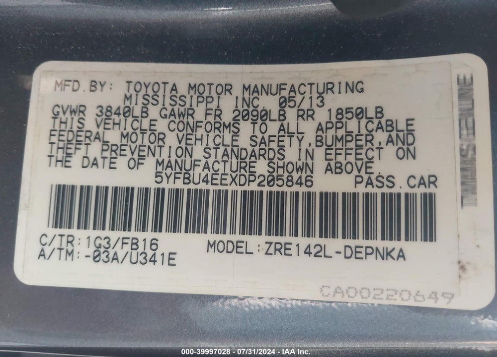 2013 TOYOTA COROLLA LE VIN: 5YFBU4EEXDP205846