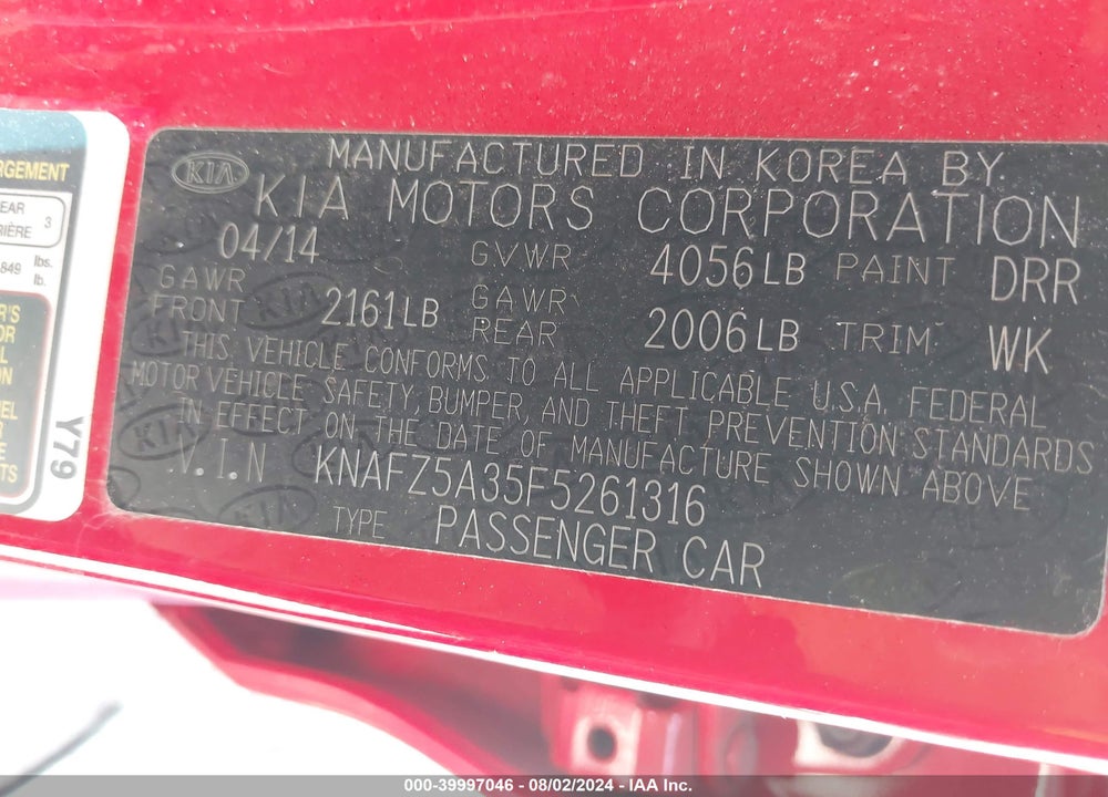 2015 KIA FORTE SX VIN: KNAFZ5A35F5261316
