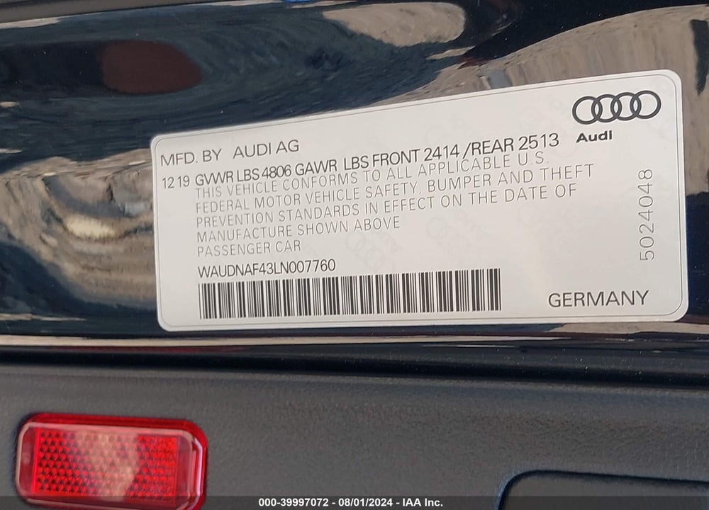 2020 AUDI A4 PREMIUM 45 TFSI QUATTRO S TRONIC VIN: WAUDNAF43LN007760