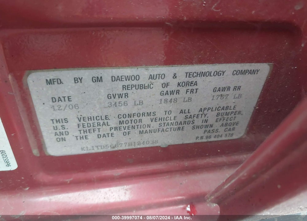 2007 CHEVROLET AVEO VIN: KL1TD56677B124038