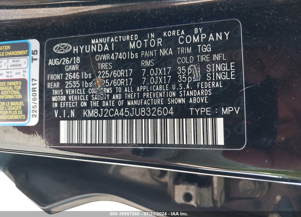 2018 HYUNDAI TUCSON VIN: KM8J2CA45JU832604