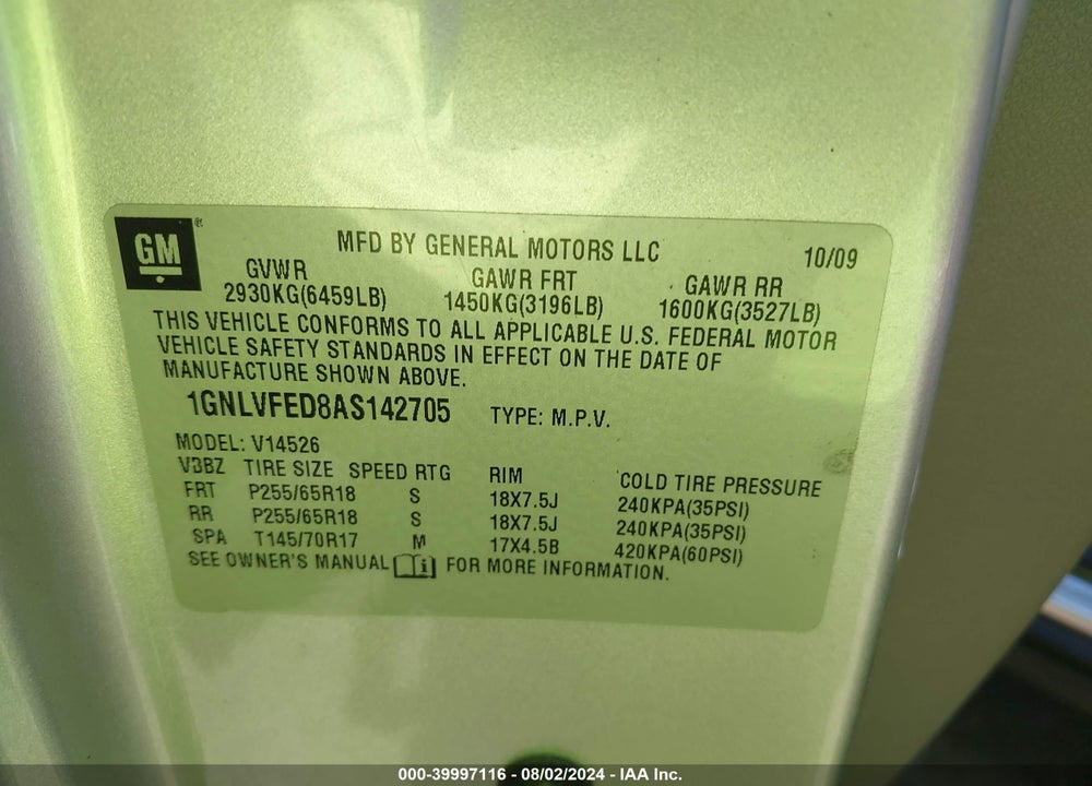 2010 CHEVROLET TRAVERSE VIN: 1GNLVFED8AS142705
