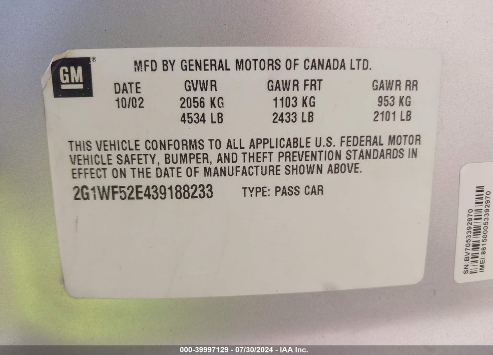 2003 CHEVROLET IMPALA VIN: 2G1WF52E439188233