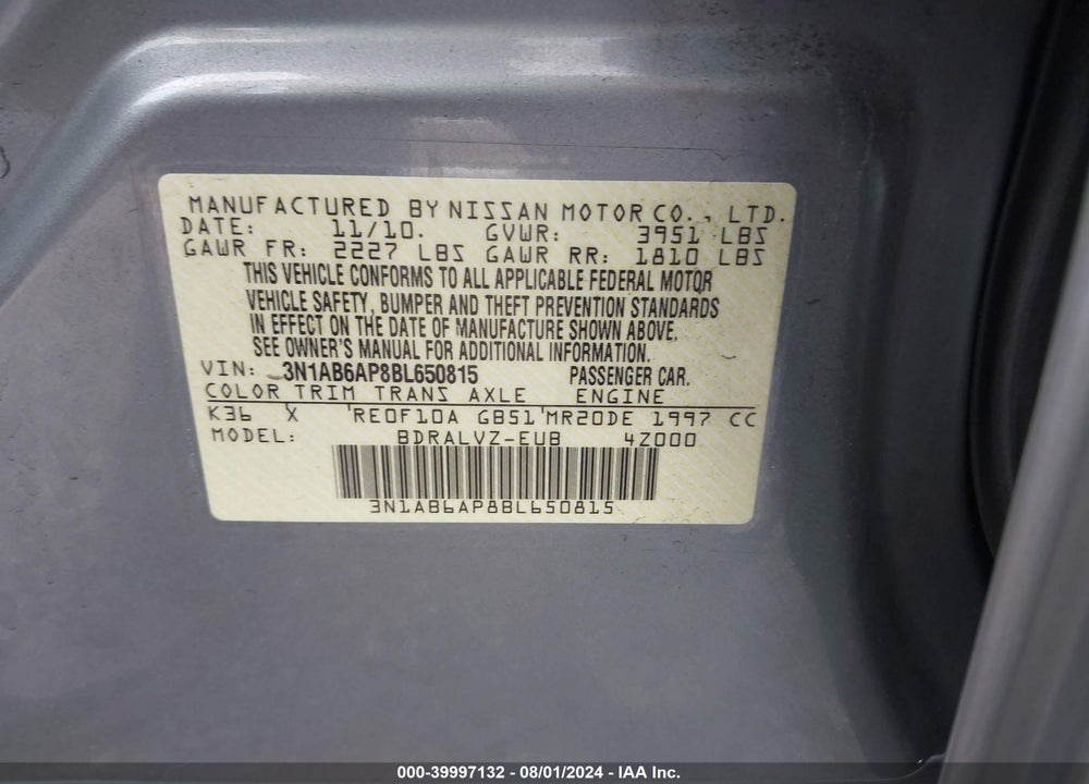 2011 NISSAN SENTRA 2.0SL VIN: 3N1AB6AP8BL650815
