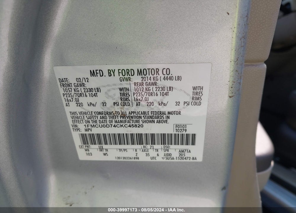 2012 FORD ESCAPE VIN: 1FMCU0D74CKC45820