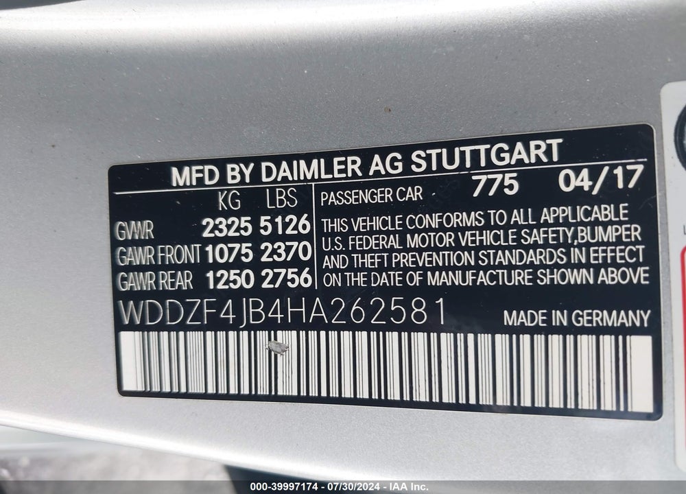 2017 MERCEDES-BENZ E 300 VIN: WDDZF4JB4HA262581