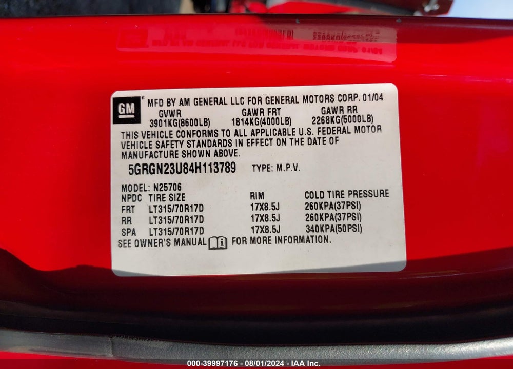 2004 HUMMER H2 VIN: 5GRGN23U84H113789