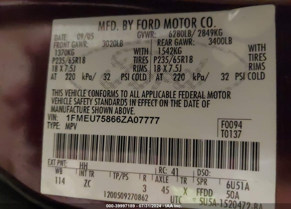 2006 FORD EXPLORER VIN: 1FMEU75866ZA07777