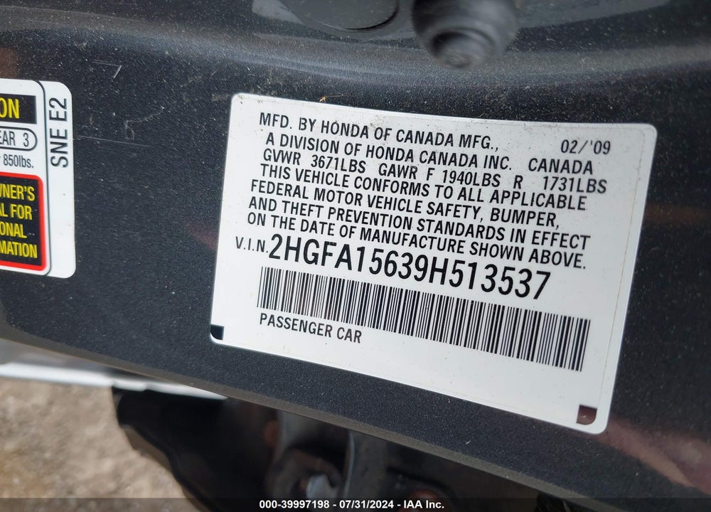 2009 HONDA CIVIC VIN: 2HGFA15639H513537