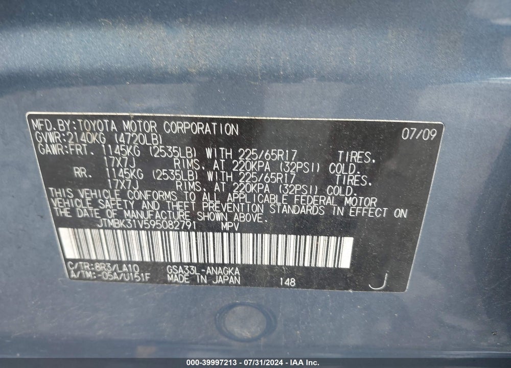 2009 TOYOTA RAV4 LIMITED V6 VIN: JTMBK31V595082791