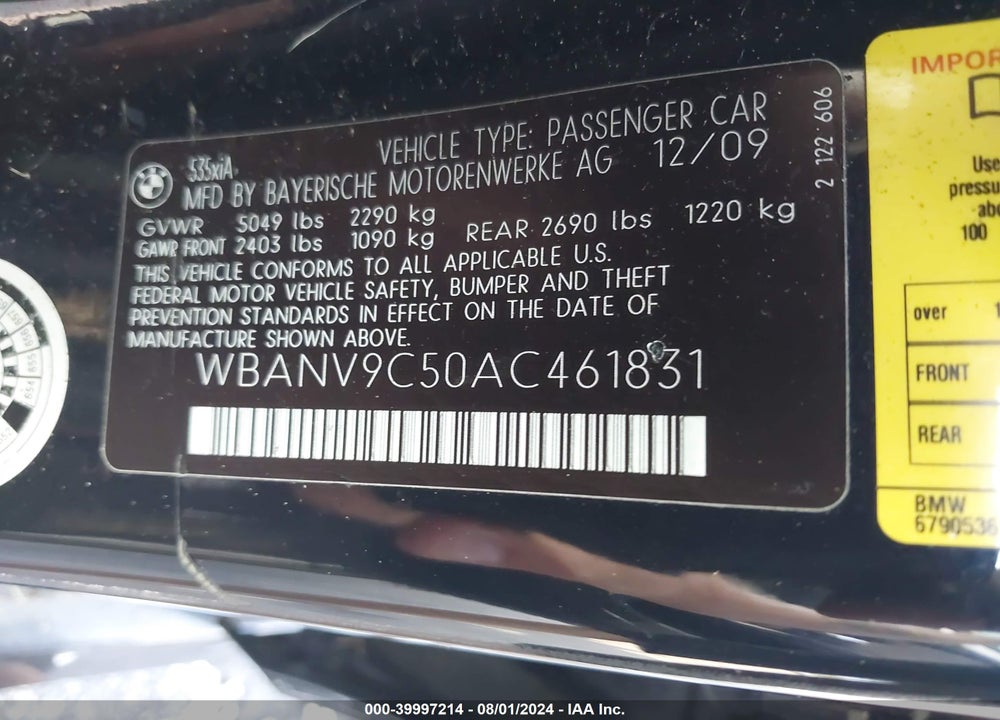 2010 BMW 535I XDRIVE VIN: WBANV9C50AC461831