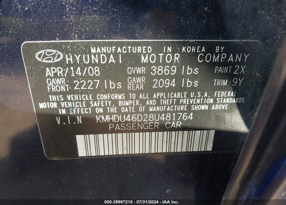 2008 HYUNDAI ELANTRA GLS/SE VIN: KMHDU46D28U481764