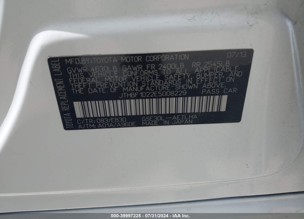 2014 LEXUS IS 250 VIN: JTHBF1D22E5008229