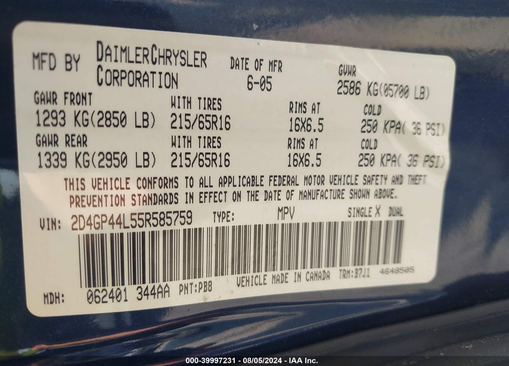 2005 DODGE GRAND CARAVAN SXT VIN: 2D4GP44L55R585759