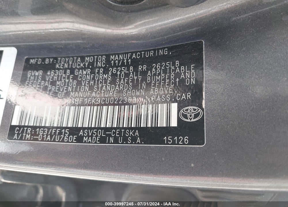 2012 TOYOTA CAMRY SE VIN: 4T1BF1FK9CU022383