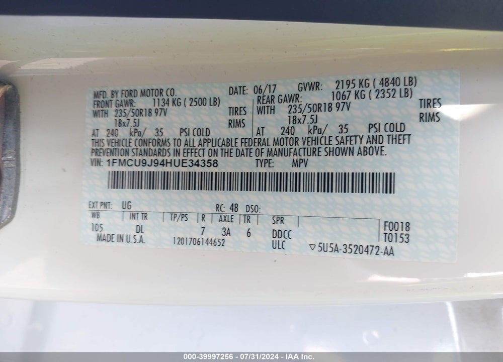 2017 FORD ESCAPE TITANIUM VIN: 1FMCU9J94HUE34358